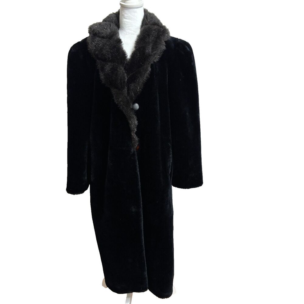 Vtg American Signature Faux Fur Coat Womens L Black Luxury‎ Mob Wife Timeless